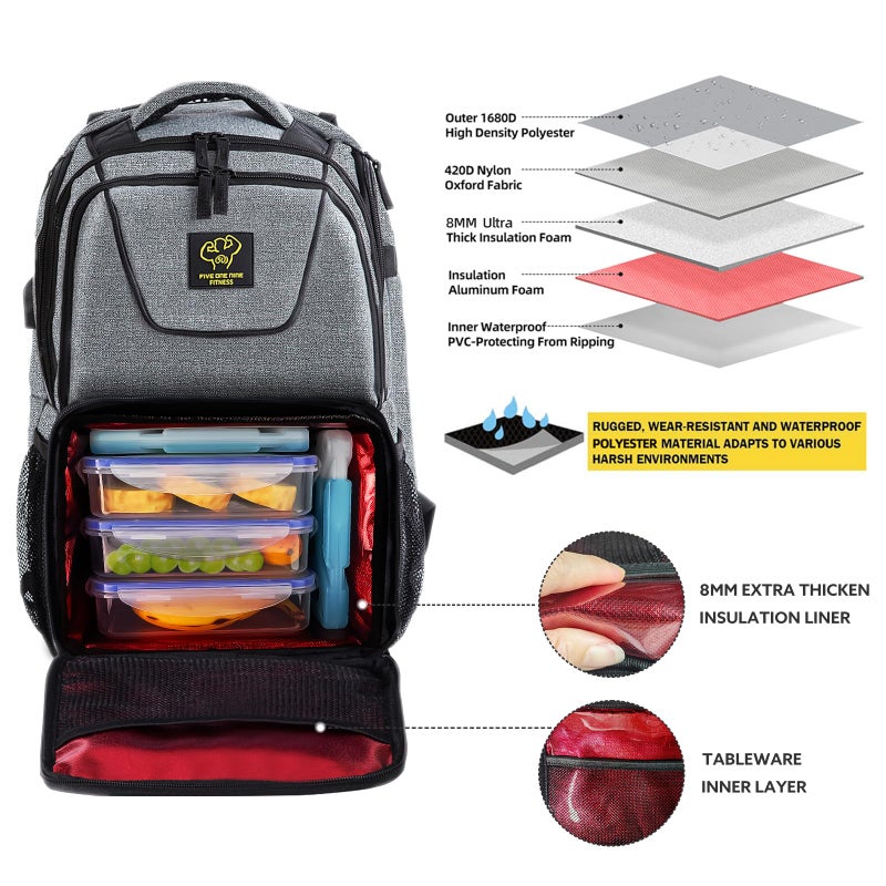 50 FIVE ONE NINE 519 Fitness Meal Prep Backpack,Insulated Cooler Lunch Backpack with Computer Compartment,Hiking Picnic Cooler Rucksack for Men and Women,3 Meal Containers,2 Ice Packs and Protein Shaker(Grey) - Image 3